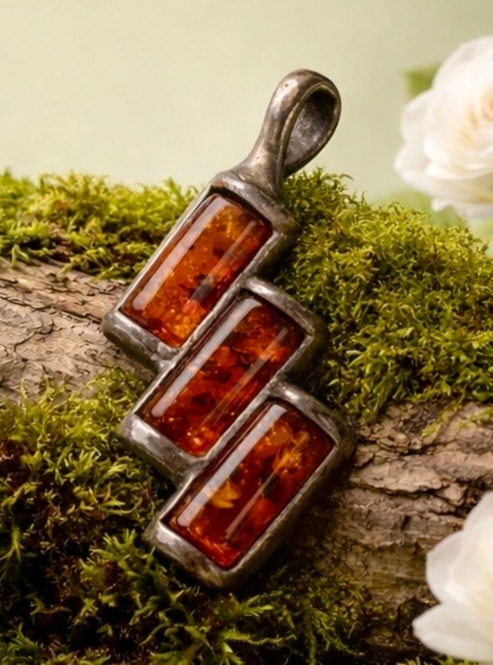Vintage Amber Unique Pendant 925 Sterling Silver Antique